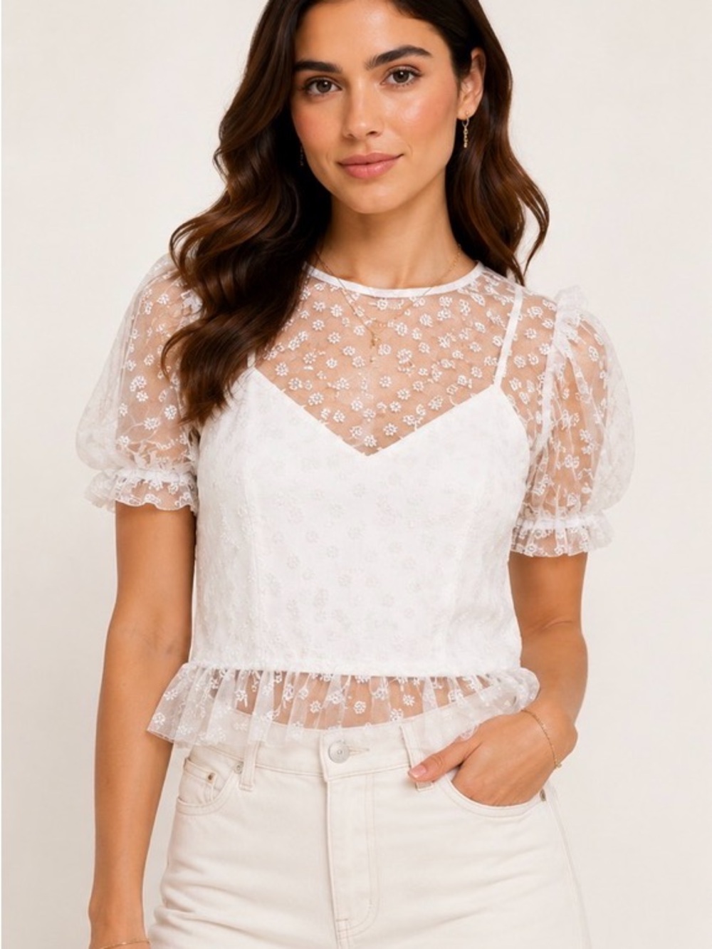 White Floral Sheer Puff-Sleeve Peplum Top
